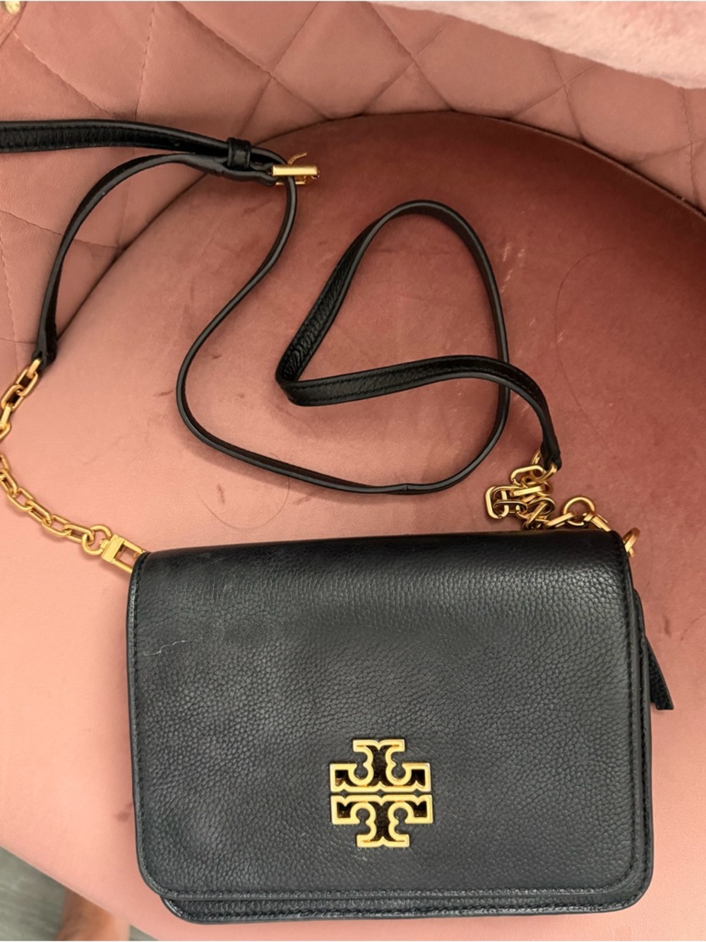 Tory Burch Black Pebbled Leather Crossbody with Gold Logo Chain